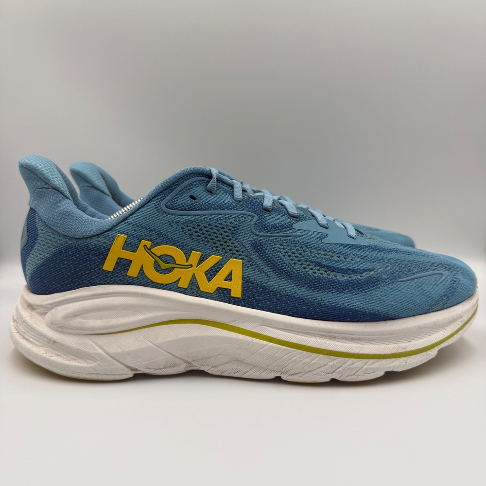 Hoka One One Clifton 9 Men Size 11.5D Running Shoes Athletic Blue Yellow 1127895
